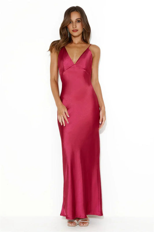 Nights Under Stars Satin Maxi Dress Berry