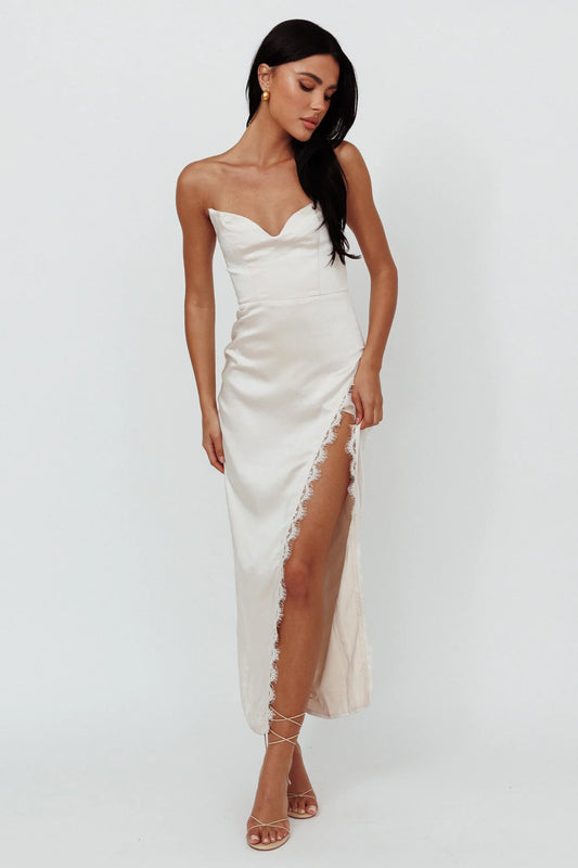 Winter Moon Strapless Lace Trim Midi Dress Champagne