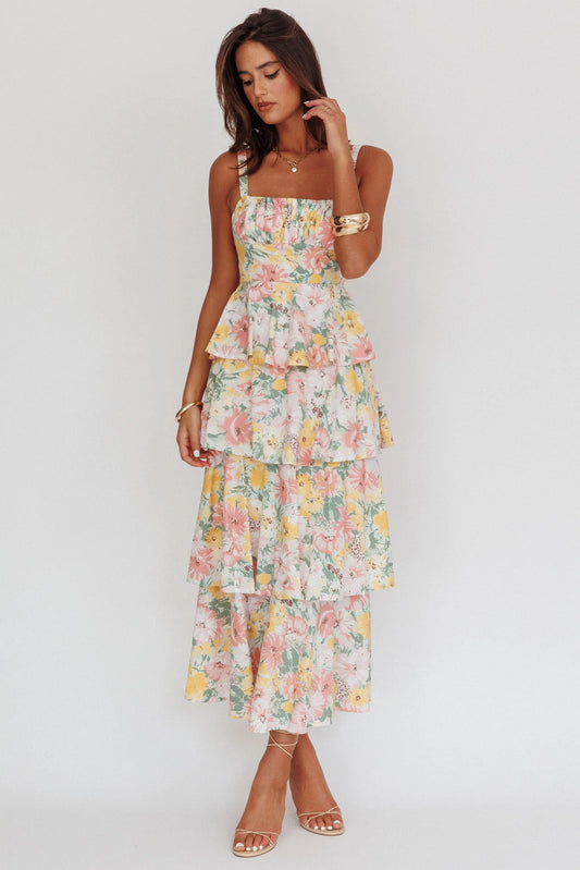 Provence Bloom Tiered Ruffle Maxi Dress Floral