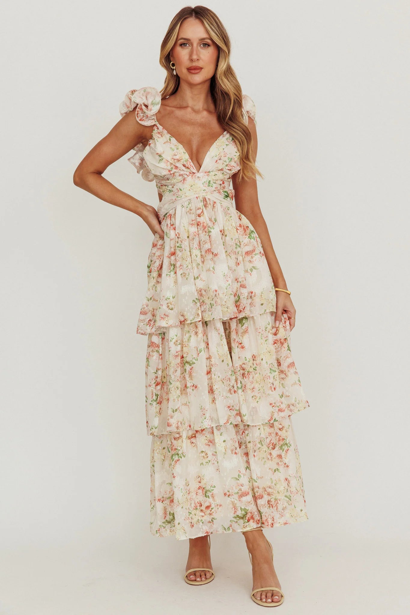 Roselle Backless Ruffle Maxi Dress Floral Multi