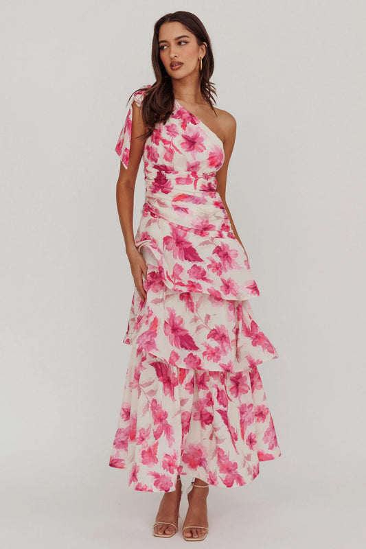 Kenny One Shoulder Tiered Floral Maxi Dress Pink