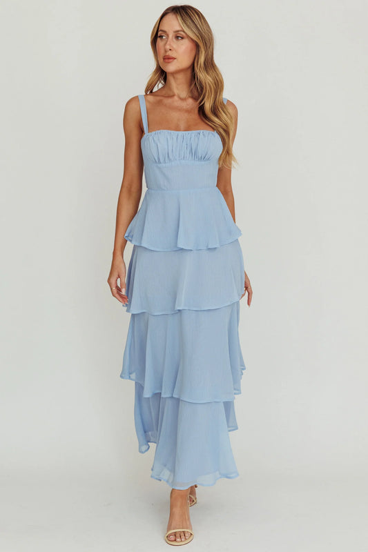 Provence Bloom Tiered Ruffle Maxi Dress Sky Blue