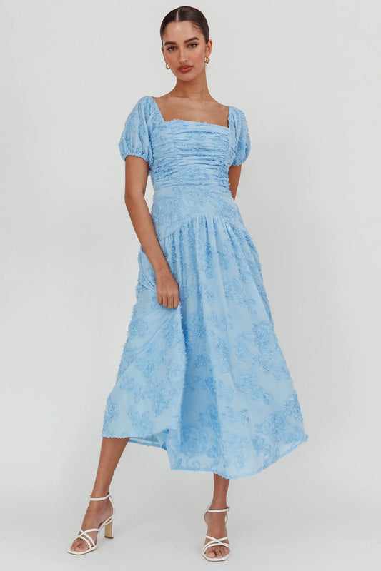 Telma Puff Sleeves Midi Dress Blue