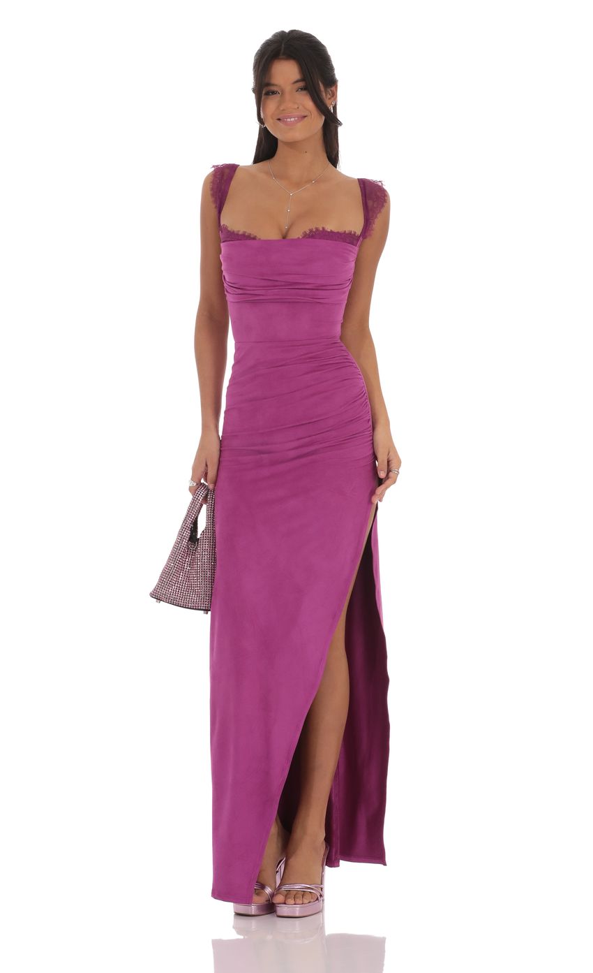 Suede Draped Lace Maxi Dress in Magenta