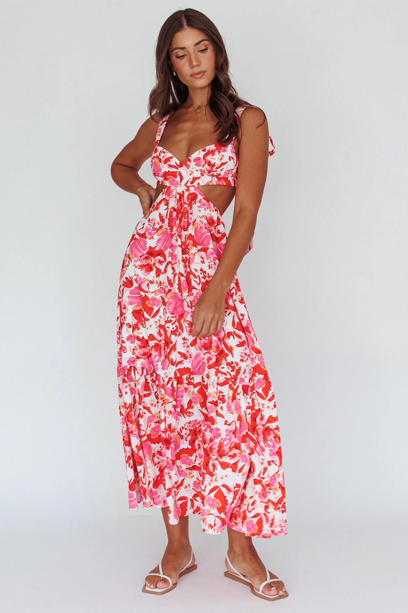 Sun Seeker Tied Shoulder Cut-Out Maxi Dress Floral Red