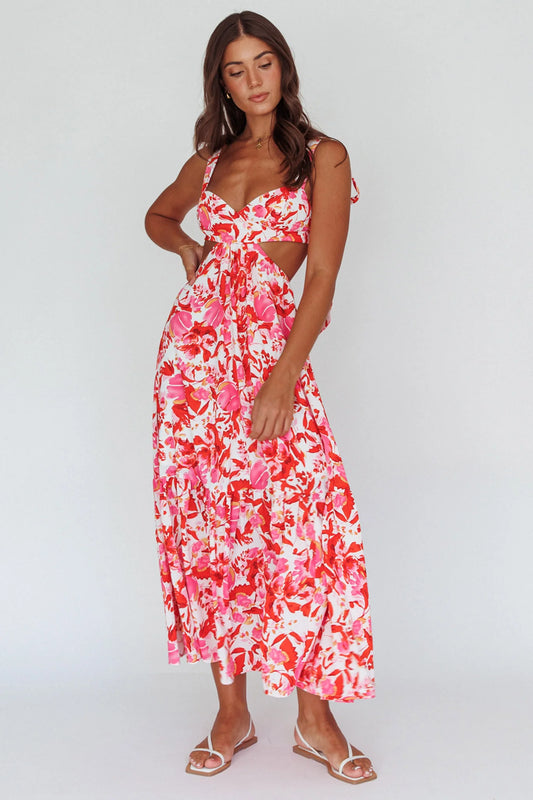 Sun Seeker Tied Shoulder Cut-Out Maxi Dress Floral Red