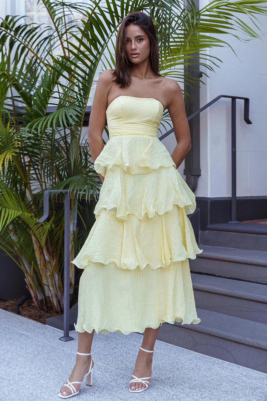 Giavana Strapless Layered Ruffles Midi Dress Lemon